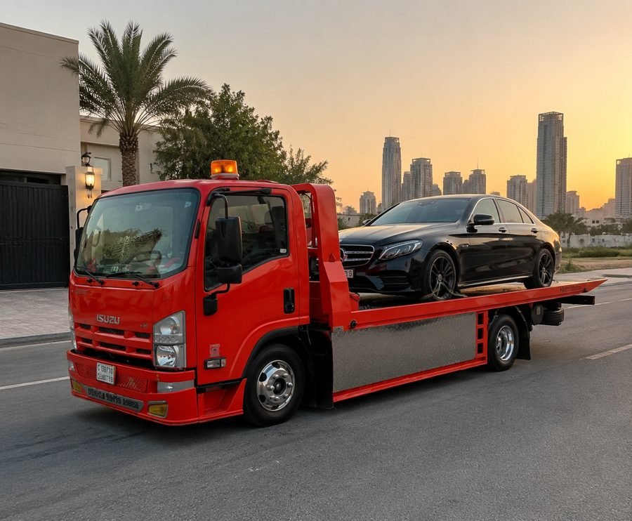 Jeddah Towing flatbed truck carrying a car